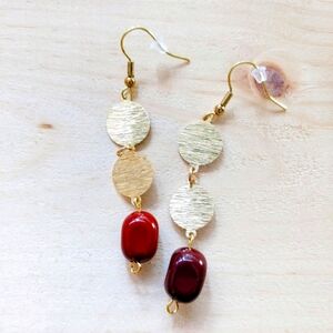 Brushed Round Golden Earrings with Red Jasper